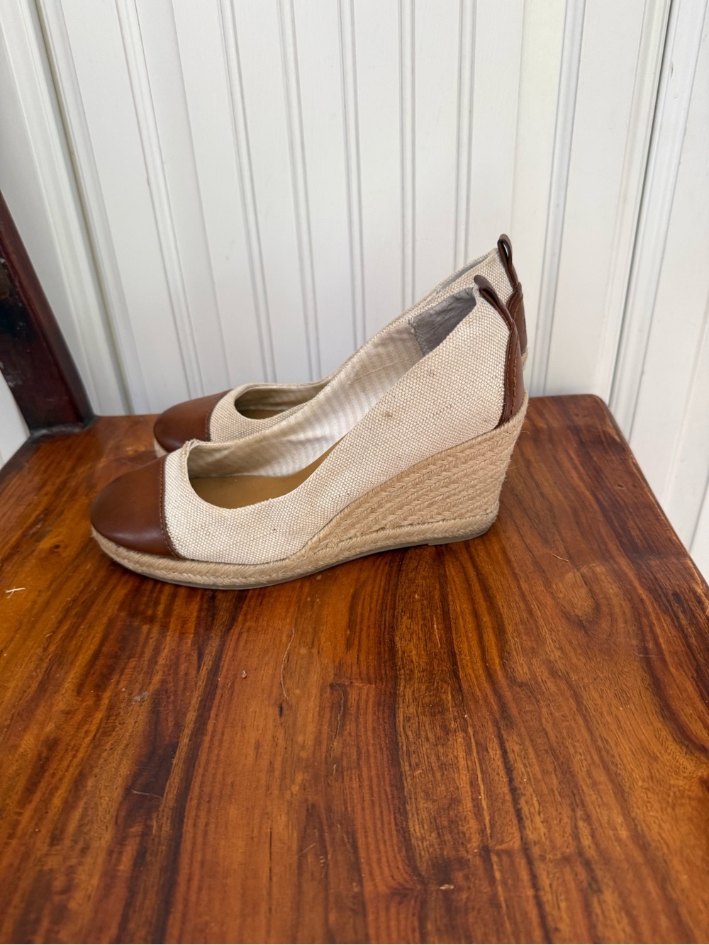 Bass Beige Canvas and Brown Leather Espadrille Wedges